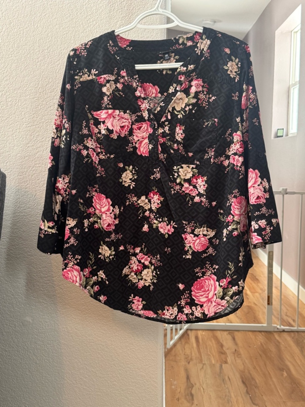 torrid Black Floral V-Neck Blouse with Pink Roses and Cream Accents